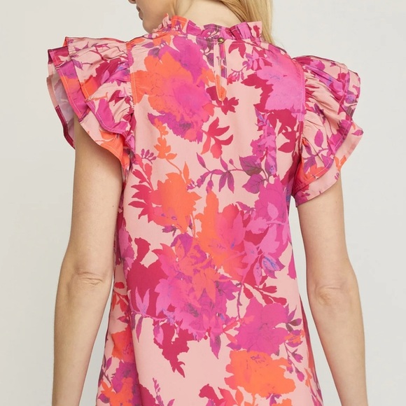 Entro Pink Purple Floral Ruffle Sleeve Summer Casual Blouse Top NWT- Small - Picture 3 of 8